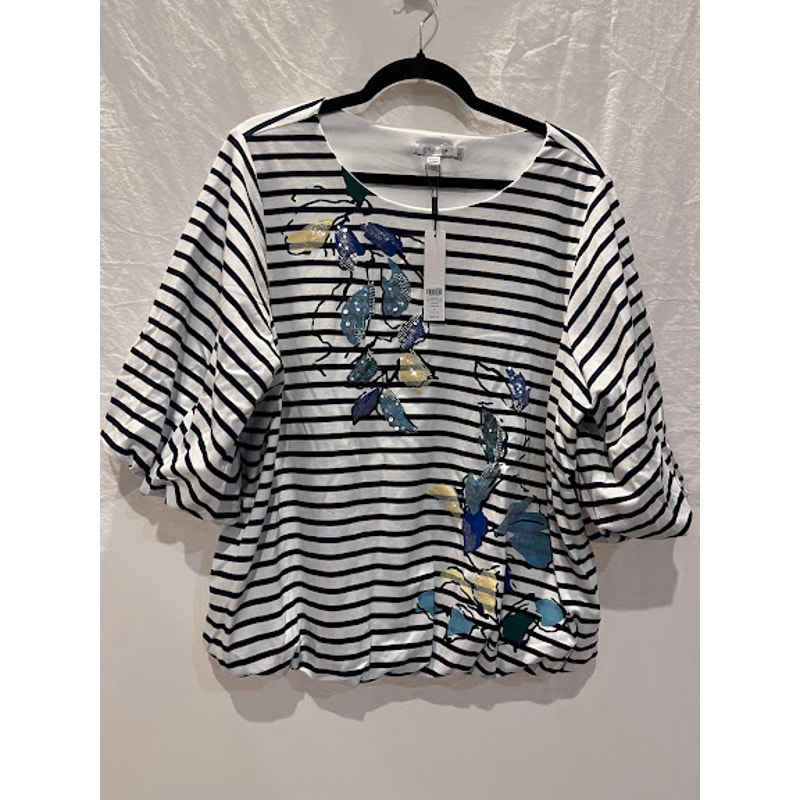 Nwt Chico's Shirt Ebellished Stripe Bubble Hem And Short Sleeve Size Xxl Preppy